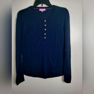 Lilly Pulitzer (Size S) Navy Blue Gold Logo Button Down Front LS Knit Sweater